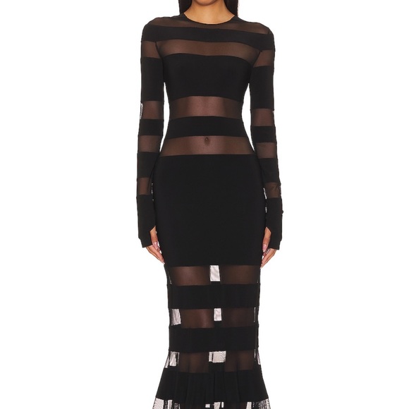 Norma Kamali Black Spliced Sheer Striped Long Sleeve FishtailGown